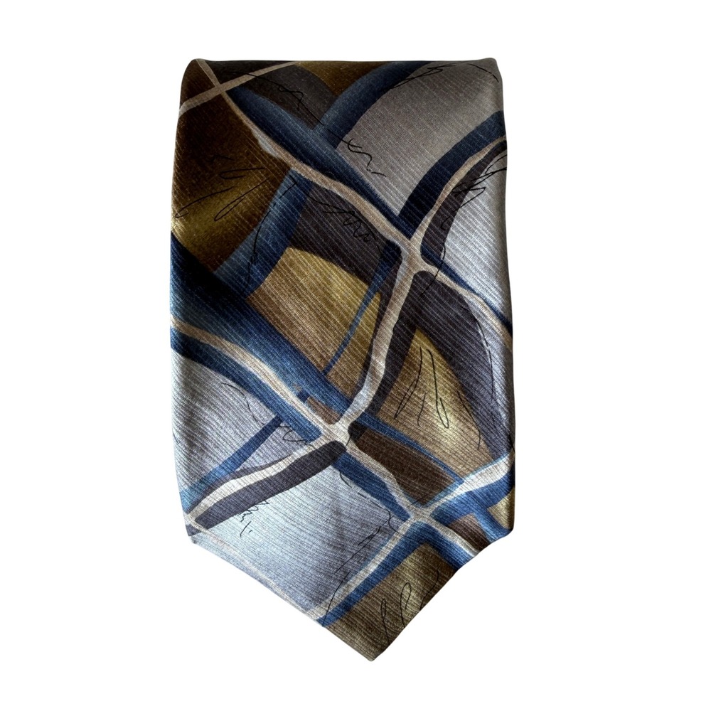 Murano Italia Mens Silk Necktie Geometric Abstract Gold Blue Grey Brown 4‎ Inch